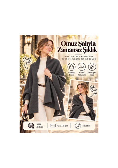Comerciante Füme Düz Triko Kadın Omuz Şalı Yumuşak Dokulu Kışlık Şal 70x175 Cm %100 Akrilik Füme - 930337046 Füme