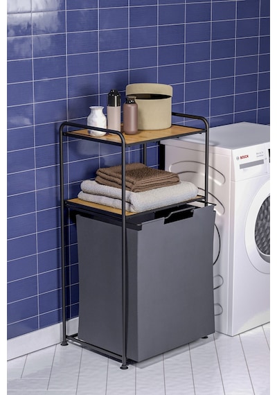 2 Katlı Çamaşır Sepeti Kirli Sepeti Ahşap Raflı Banyo Dolabı Banyo Düzenleyici Organizer Mat Siyah Mg100 Siyah