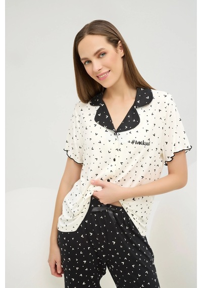 Sevim 16690 Kadın Baskılı Düğmeli Pijama Takım 25y Ekru