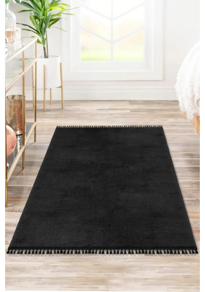 Vl Comfort Puffy Ponpon Saçak Peluş Yıkanabilir Siyah Yolluk Düz Ponpon Siyah