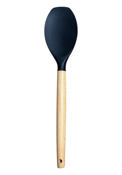 Ahşap Saplı Silikon Mutfak Servis Ve Yemek Hazırlama Düz Spatula, Siyah, 1 Adet 0