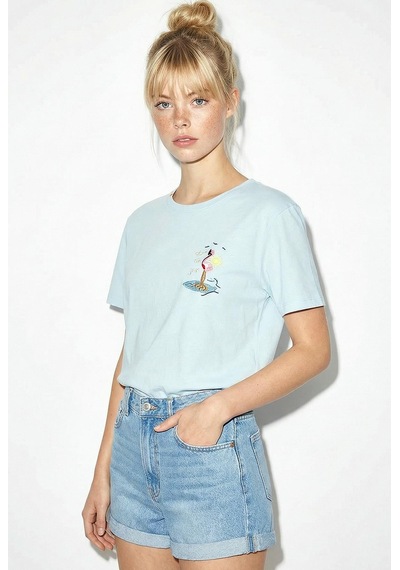 Shade Kadın Pamuk El İşi Flamingo Nakış Detaylı  Tasarım T-shirt 1004 60282049 - Bebe Mavisi L