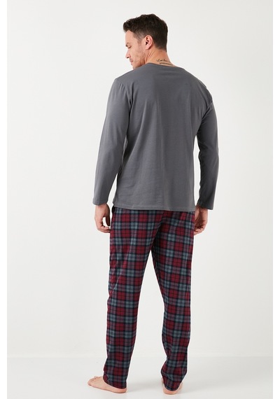 Buratti Ekoseli Pamuklu Beli Lastikli Regular Fit Uzun Kollu Erkek Pijama Takımı 6572003 Füme
