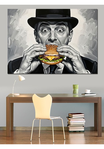 Ahşap Tablo Hamburger Yiyen Karizmatik Modern Adam