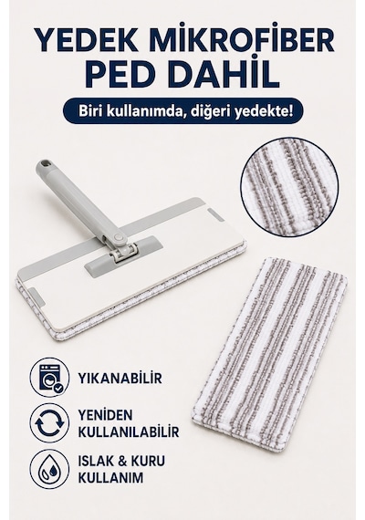 Temiz Ve Kirli Su Ayrımlı Mikrofiber Tablet Mop Ve Kovalı Temizlik Seti 360 Döner Başlık, 2 Yıkanabilir Bez