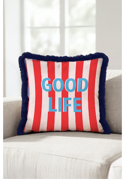 Pop Art Good Vibes Saçaklı Yastık Kılıfı - Lacivert Retro Kırmızı Mavi Püsküllü Kırlent Kılıfı Sakin Vadi Mira