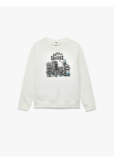 Koton Uzun Kollu Bisiklet Yaka Baskılı Sweatshirt Ekru 7wkb10183tk