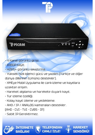 Picam 3 Kameralı Kare 2 İç Kamera Set 250 GB HDD Full HD Gece Görüşlü Güvenlik Kamerası Sistemi