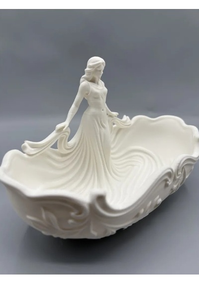 Art Nouveau Tasarım Heykelcikli Seramik Takı Tepsisi Açık Beyaz