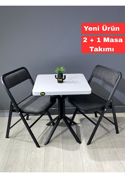 Mercan Beyaz 2 Kişilik Kare Mutfak Yemek Masası Takımı 2+1 Keten Gri 60 Cm Beyaz Gri 2'li