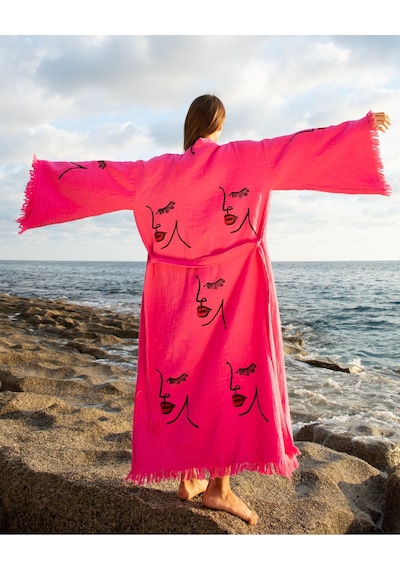 Befera Müslin Kimono Pamuklu Kadın Silüeti Desenli Bornoz Kaftan Sabahlık Fuşya