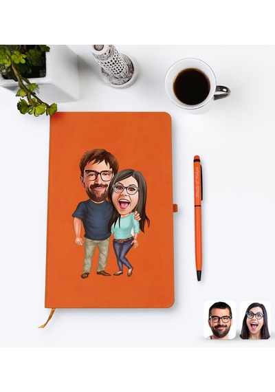 Kişiye Özel Sevgililer Karikatürlü Turuncu Termo Deri Defter Kale N11.2254