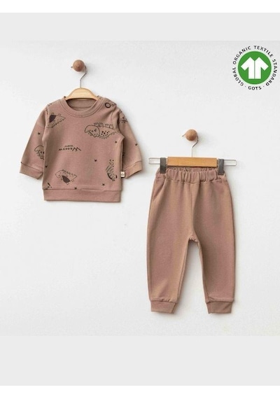 Zekids Erkek Bebek Dinazor Baskılı Organik Eşofman Takım-15481 Kahverengi