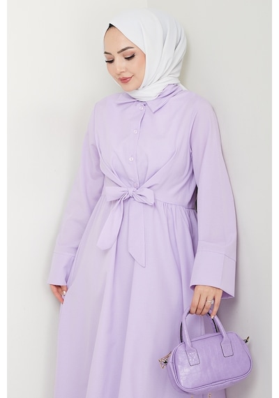 Bestenur Renda Belden Bağlamalı Elbise 1467 - Lila Lila