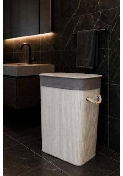Lüks Bambu Kapaklı Kirli Çamaşır Ve Oyuncak Sepeti Beyaz Renk 40x30x60 Cm 72 Litre Diğer