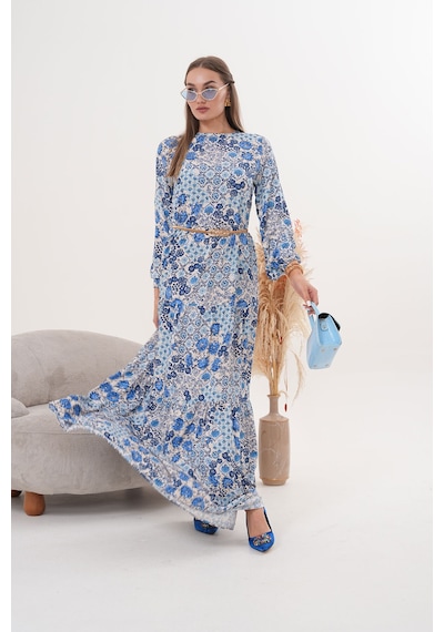 Polologin Butik Çiçekli Viskon Elbise Mavi
