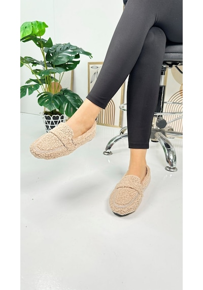 Günlük Kadın Loafer Peluş Astarlı Oval Burunlu Alçak Desenli Tabanlı Ayakkabı 375 VIZON