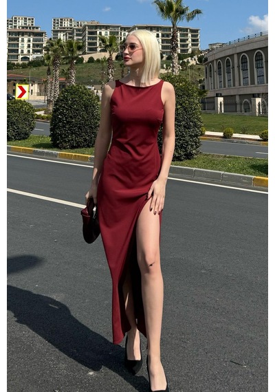 Madmext Bordo Maxi Boy Yırtmaç Detaylı Kadın Elbise Mg2367 Bordo