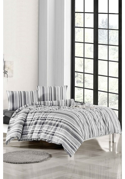 Ely Parker Battal Boy Nevresim Takımı (200x200 Lastikli Çarşaf+Yorgan Kılıfı+Y.Kılıfı) Çizgili Beyaz 200 x 200 Beyaz