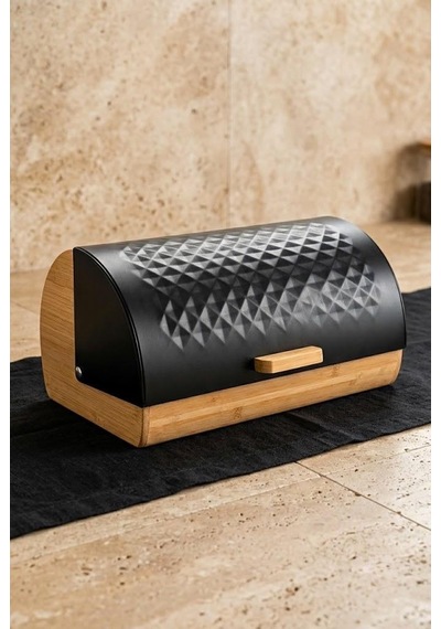 Bambu Gövdeli Siyah Pane Ekmek Dolabı 38x25x18.5 Cm - Mekanizmalı Metal Kapaklı Ekmeklik