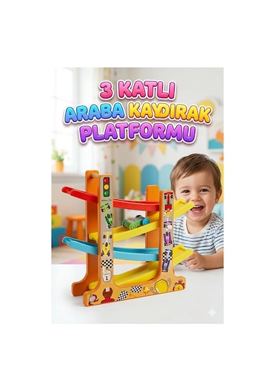3 Katlı Araba Kaydırak Platformu Ve 5 Adet Yarış Arabalı Oyuncak Seti Çok Renkli