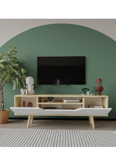 Roma Ahşap Ayaklı Tv Ünitesi Tv Sehpası Safir Meşe-beyaz 150 Cm
