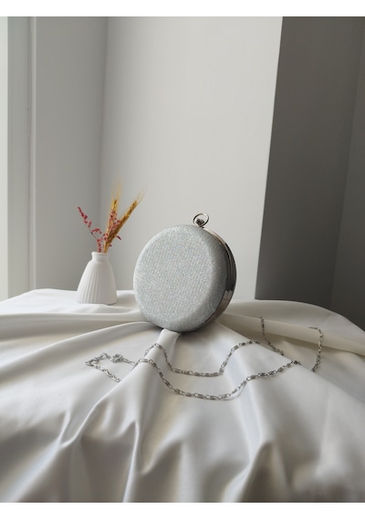 Vivazzaluxe Modern Yuvarlak Model Simli Düğün Nişan Gelin Kadın Abiye Clutch Çanta Gümüş