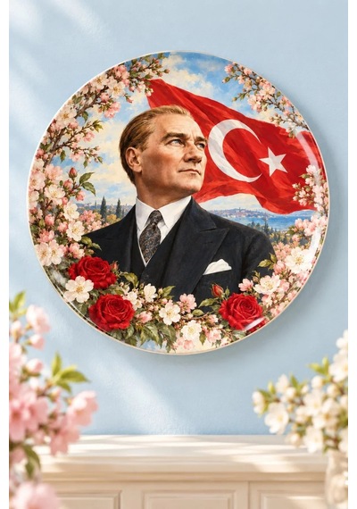 Dekoratif Duvar Tabağı Atatürk, Bayrak Ve Çiçekler Dekorlu Seramik Tabak Pembe