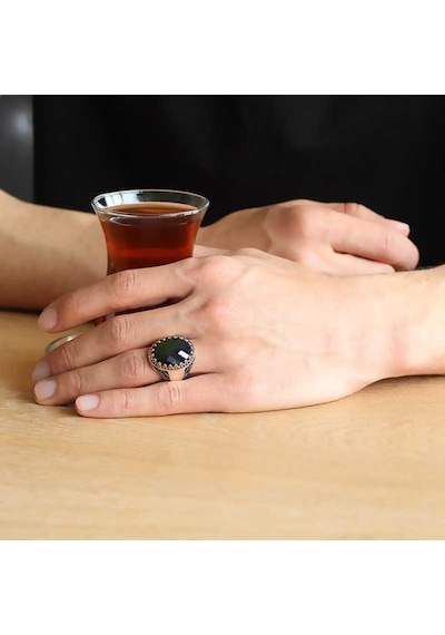 Gümüş Yeşil Zirkon Taşlı Erkek Yüzük - Mr0580145