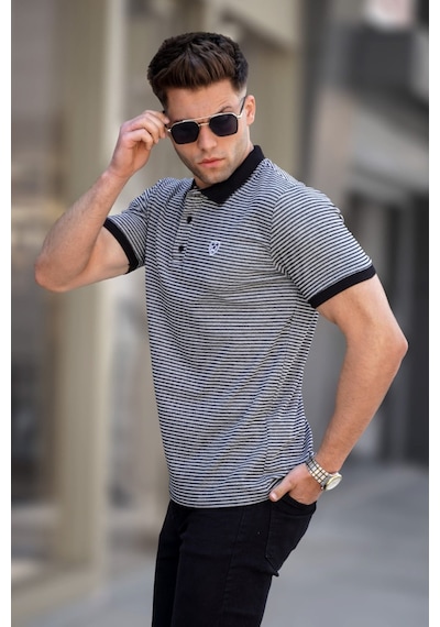 Madmext Siyah Çizgili Polo Yaka Tişört 5881