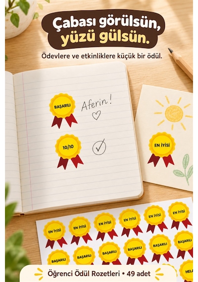 49 Adet Öğrenci Ödül Rozet Sticker Seti Motivasyon & Başarı Etiketi Parlak Baskı Çok Renkli