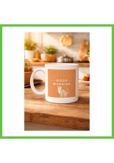 Bezos Good Morning Kedi Desenli Porselen Kupa Model 72 Sevimli Kedi Figürlü, Kahve & Çay Kupası, Hediyelik Porselen Bardak Dmc Diğer