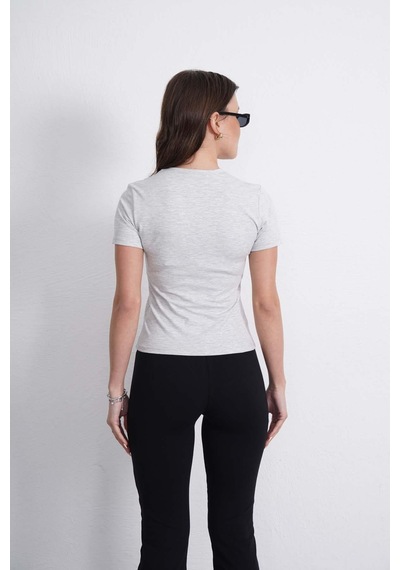 Crop Slim Fit Pamuk Likra Tişört-kar Melanj Kar Melanj