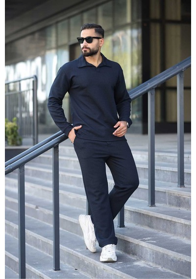 Mfz Giyim Petekli Alt Üst Pantolon Ve Patlı Yakalı Erkrk Sweat Takımı Lacivert