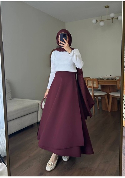 Unika Boutique Kadın Yandan Bağlamalı Tesettür Uzun Kot Etek Bordo