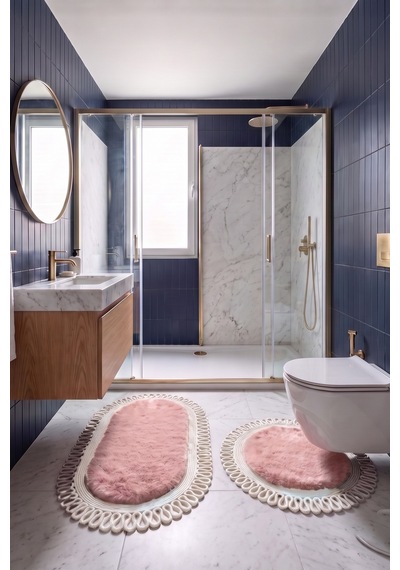 Banyo Paspası Takımı 60x100+60x60 Cm Dış Trikot Pembe & Krem
