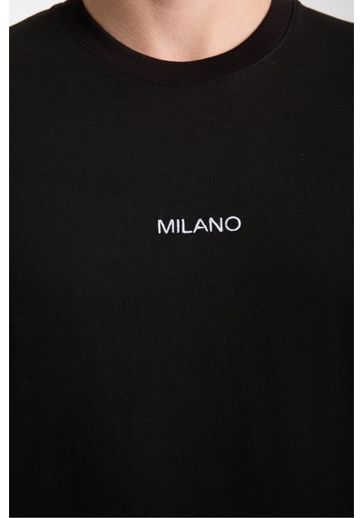 Cool Tarz Erkek Siyah Milano Nakış Yazılı Oversize Bisiklet Yaka T-shirt Siyah Siyah