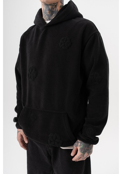 Respire Erkek Süzene Nakış Detaylı Kapüşonlu Oversize Polar Hoodie Siyah