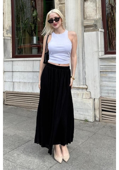Madmext Siyah Vual Kumaş Basic Kadın Uzun Boy Kadın Etek Mg2366 Siyah
