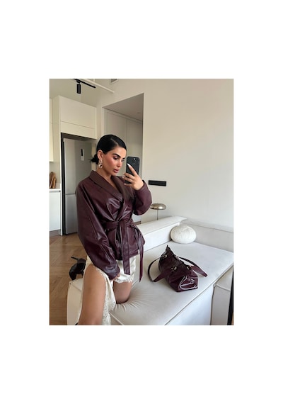 Meecy Kadın Zr Model Şal Yaka Bağlamalı Deri Ceket Bordo Bordo