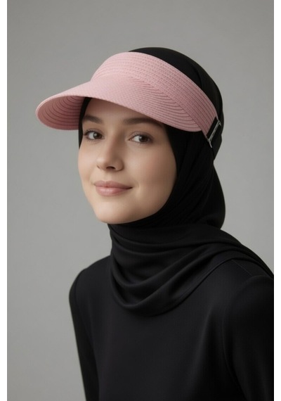 Mollycrush Kadın Pembe Hasır Güneş Vizör Şapka Lastikli Katlanır Çanta Boy Plaj Şapkası Pembe