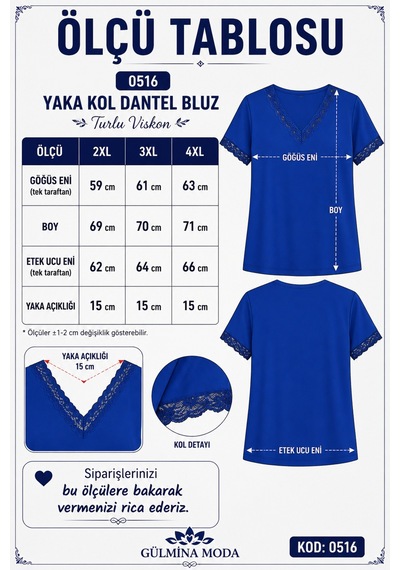 Gülmina Moda Kadın Büyük Beden Yaka Kol Dantelli V Yaka Bluz - Saks Mavi