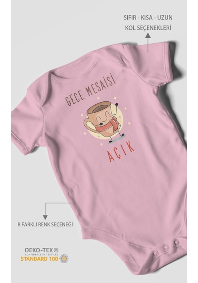 Gece Mesaisi Açık Baskılı Bebek Zıbını Çıtçıtlı Body %100 Pamuk Kısa Kol Koyu Pembe