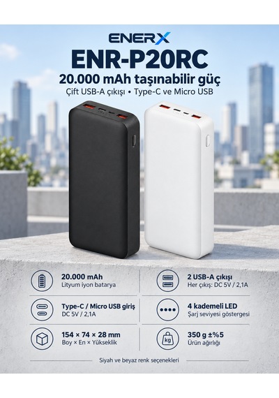Enerx Enr-p20rc 20.000 Mah 2.1a Powerbank Siyah