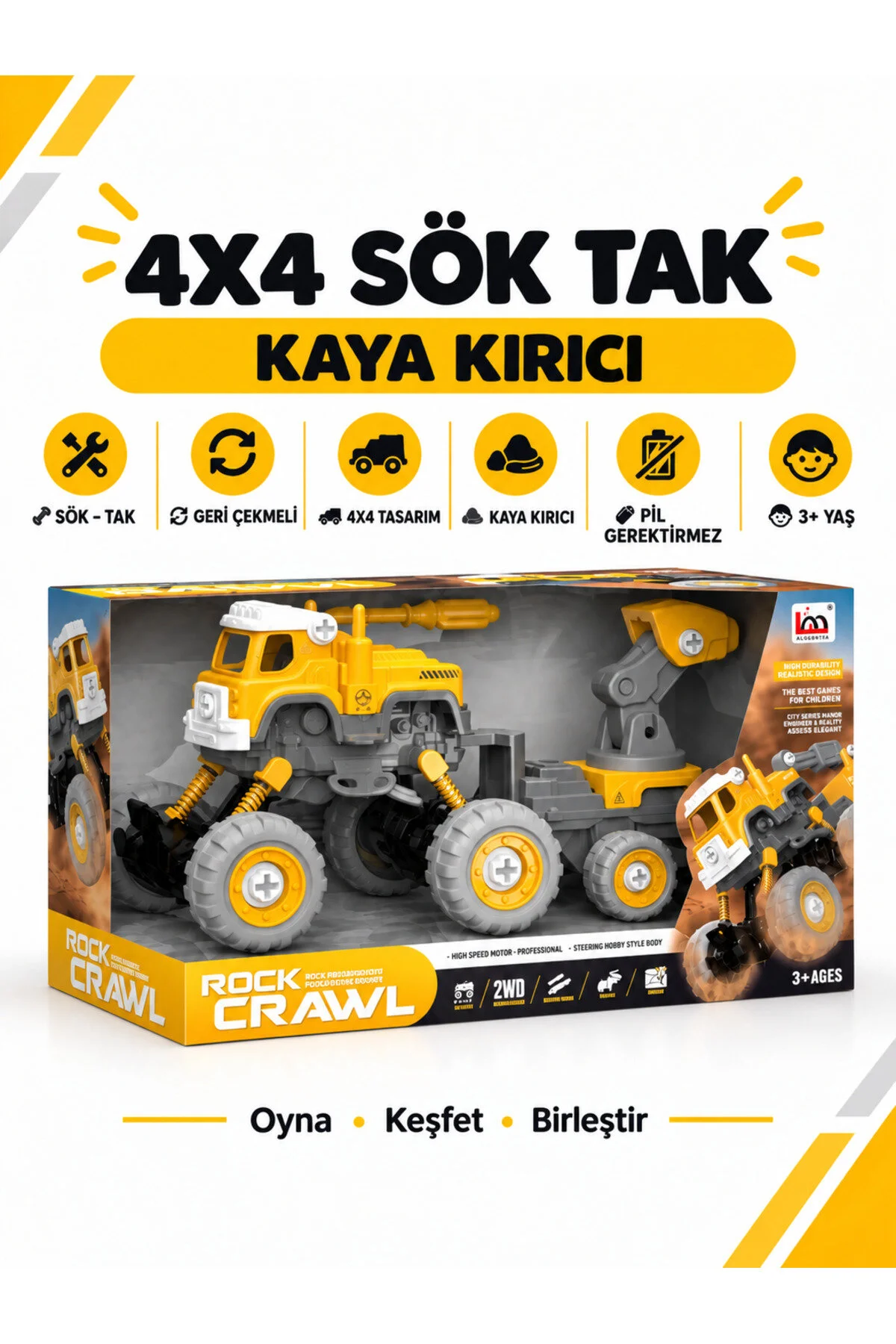 4x4 Geri Çek-bırak Kaya Kırıcılı Kamyon Dıy Oyuncak Seti, 25+ Sök-tak Parça