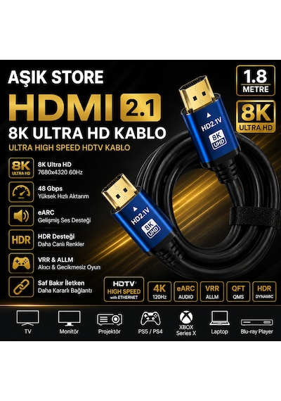 Hdmı 2.1 Kablo 1.8 Metre 8k Ultra Hd 48gbps Earc Hdr Vrr 4k 120hz Altın Uçlu Ps5 Xbox Series X Yüksek Hızlı Hdmı Kablo