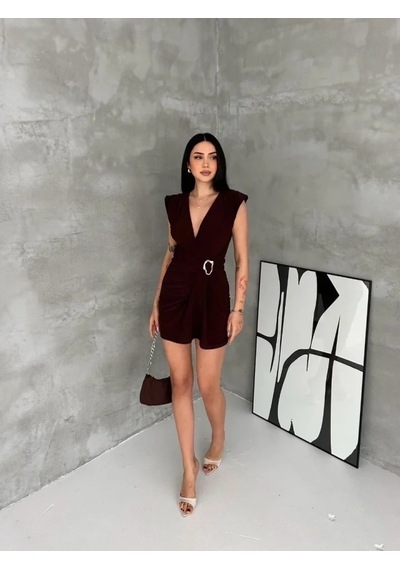 Valensdesign Kruvaze Drapeli Tokalı Mini Elbise Şık Gece Davet Abiye - Kahverengi