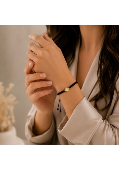 Seven Kuyumculuk 14 Ayar Altın Van Cleef Model Şans Yoncası Makrome Bileklik Siyah