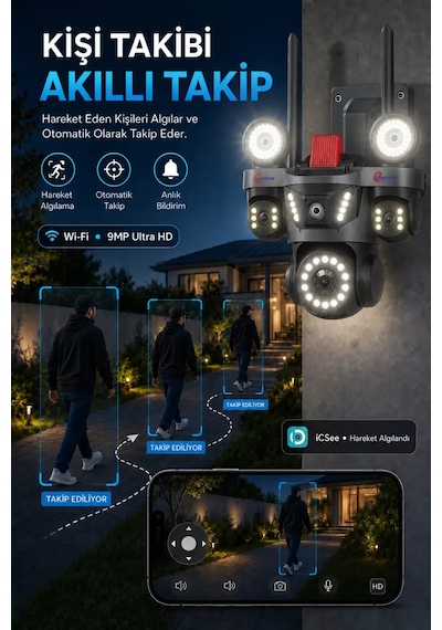 İcsee 9003 9mp 3 Lens Wifi Güvenlik Kamerası, Motorlu Gece Görüşlü Dış Mekan Kamera, 32gb Kart Ve Adaptör