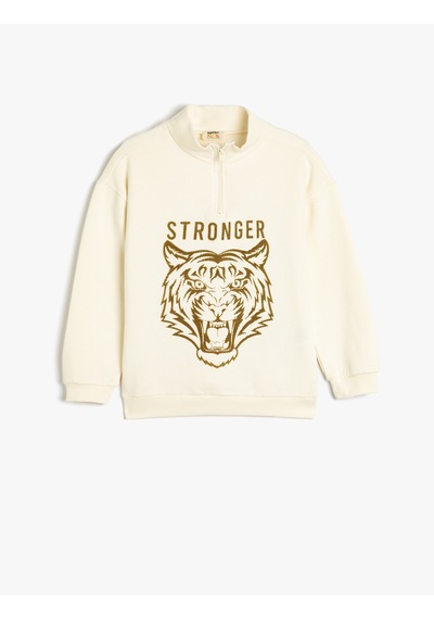 Koton Kaplan Baskılı Fermuar Detaylı Pamuklu Sweatshirt Ekru 5wkb10575tk Ekru